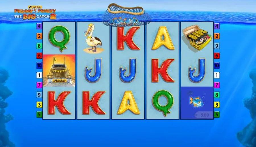 Fishin' Frenzy base game - 5x3 reels with the fisherman and boat symbols