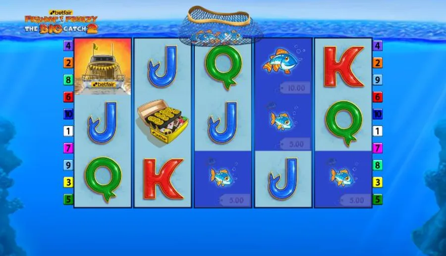 Fishin' Frenzy free spins with the fisherman collecting cash-value fish